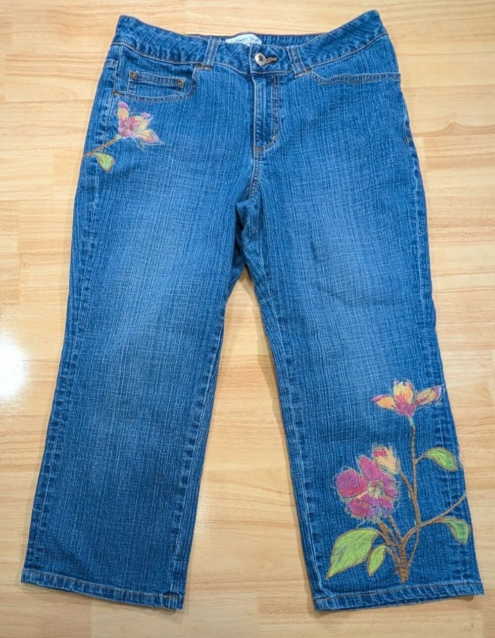 Coldwater Creek Womens Jeans Size P8 Petite Blue Floral Boho Crop Capri